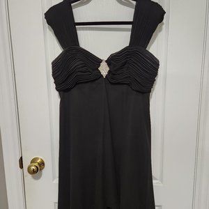 Black, above the knee, formal shift dress with overlay.